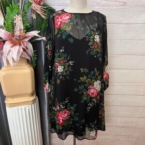 E1-- NWT black LOFT PETITES long sleeve sheer floral dress SMALL PETITE